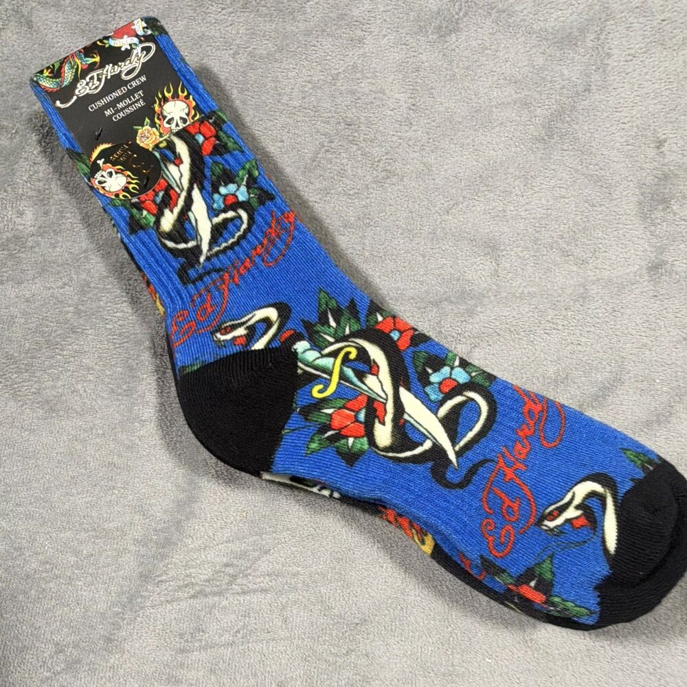 Ed Hardy Men’s Cushioned Crew Socks L Multicolor Skull Snake Polyester Blend